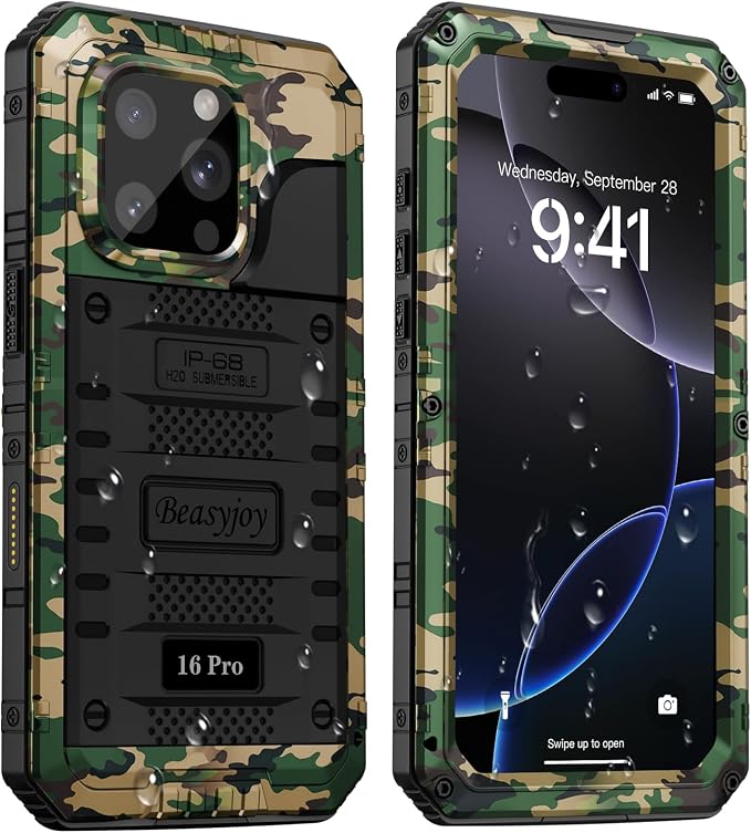 Beasyjoy for iPhone 16 Pro Case Waterproof, Metal Heavy Duty Full Body Protective Case with Built-in Screen Protector, Military Grade Shockproof Dustproof Defender Cover for iPhone 16 Pro 6.3", Camo