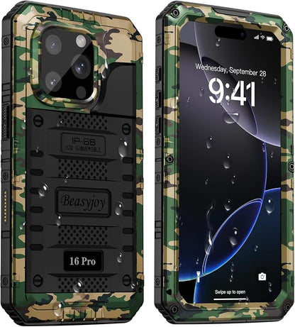 Beasyjoy for iPhone 16 Pro Case Waterproof, Metal Heavy Duty Full Body Protective Case with Built-in Screen Protector, Military Grade Shockproof Dustproof Defender Cover for iPhone 16 Pro 6.3", Camo