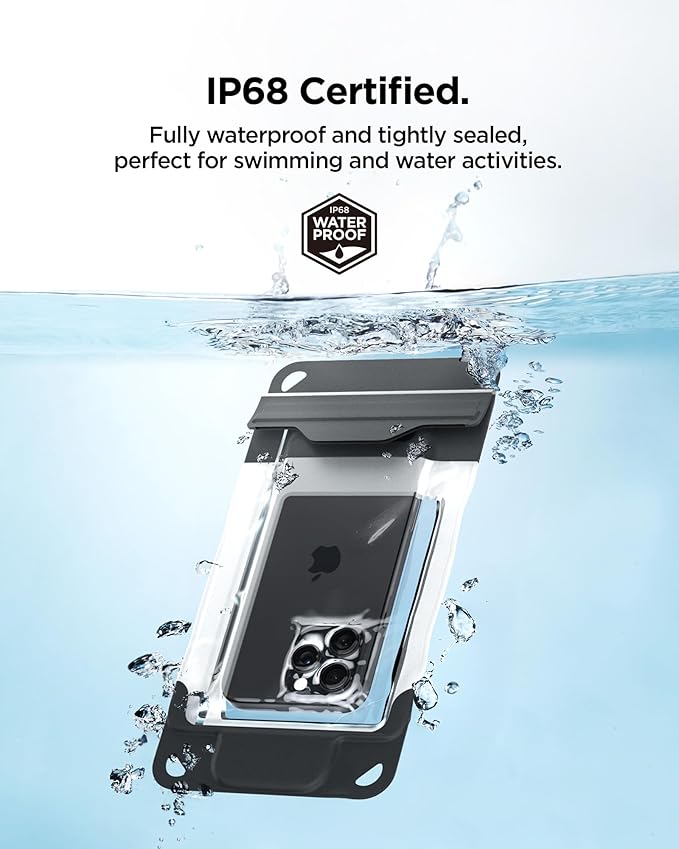 Spigen Universal Waterproof Phone Pouch with Vacuum Seal Technology & Built-in Pump, IP68 Certified Dry Bag Case for iPhone, Galaxy, Pixel with Clear Touchscreen & Anti-Fog Design - Charcoal Gray