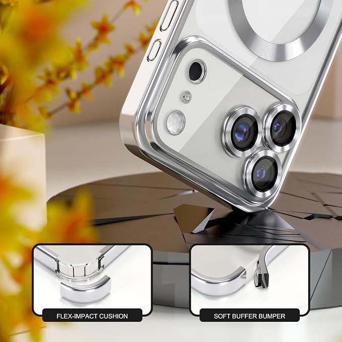 Misea Magnetic for iPhone 17 Pro Max Case Compatible with MagSafe [Never Yellowing] [Military Grade Drop Protection] Full Camera Lens Protector Plating Soft Clear Phone Case for Women, Silver