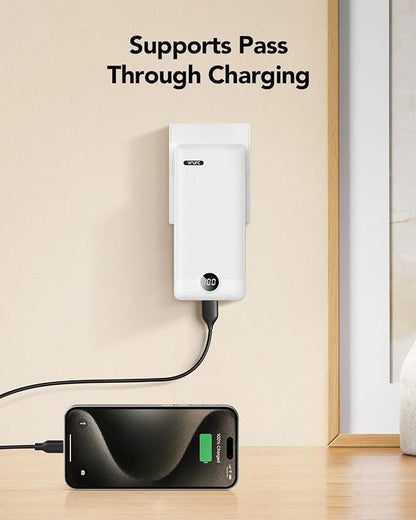 VRURC Portable Charger, Power Bank Built-in Cables and AC Wall Plug | USB C Power Bank 10000mAh Travel Essentials Phone Charger Compact External Battery Pack For Smart Phones, Tablets etc-White