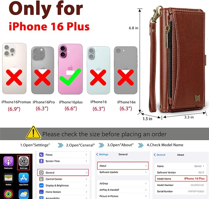 Wallet Case for iPhone 16 Plus with Card Holder/Crossbody Wallet/Strap| RFID Blocking | Magnetic | Kickstand | Detachable | PU Leather Phone Case for iPhone 16 Plus,6.7 in,Brown