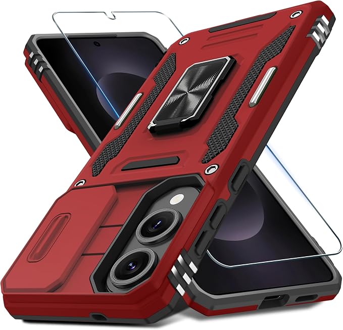 DEERLAMN Case for Samsung Galaxy S25 Edge with Slide Camera Cover+Screen Protector (1 Pack), Rotated Ring Kickstand Military Grade Shockproof Protective Cover-Red
