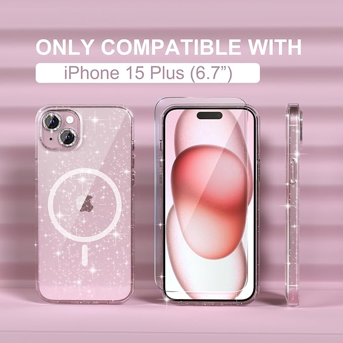 Choiche Compatible for iPhone 15 Plus Case Magnetic, Women Clear Glitter Sparkly Case, [2xDiamond Camera Lens Protectors] [2xTempered Glass Screen Protectors] [Compatible MagSafe] (Glitter Clear)