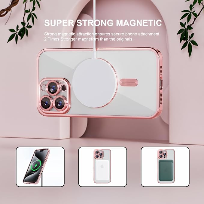 Misea Magnetic for iPhone 16 Pro Max Case Compatible with MagSafe [Never Yellowing] [Military Grade Drop Protection] Full Camera Lens Protector Plating Soft Clear Phone Case for Women 6.9", Pink