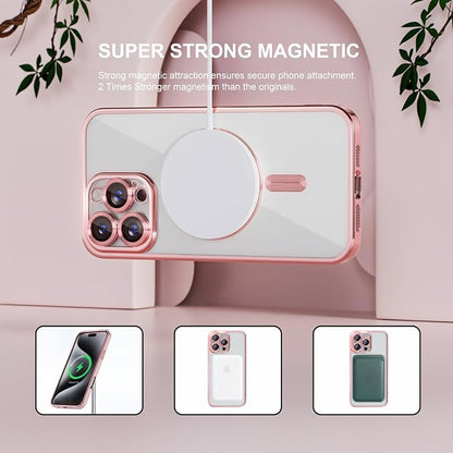 Misea Magnetic for iPhone 16 Pro Case Compatible with MagSafe [Never Yellowing] [Military Grade Drop Protection] Full Camera Lens Protector Plating Soft Clear Phone Case for Women 6.3", Pink