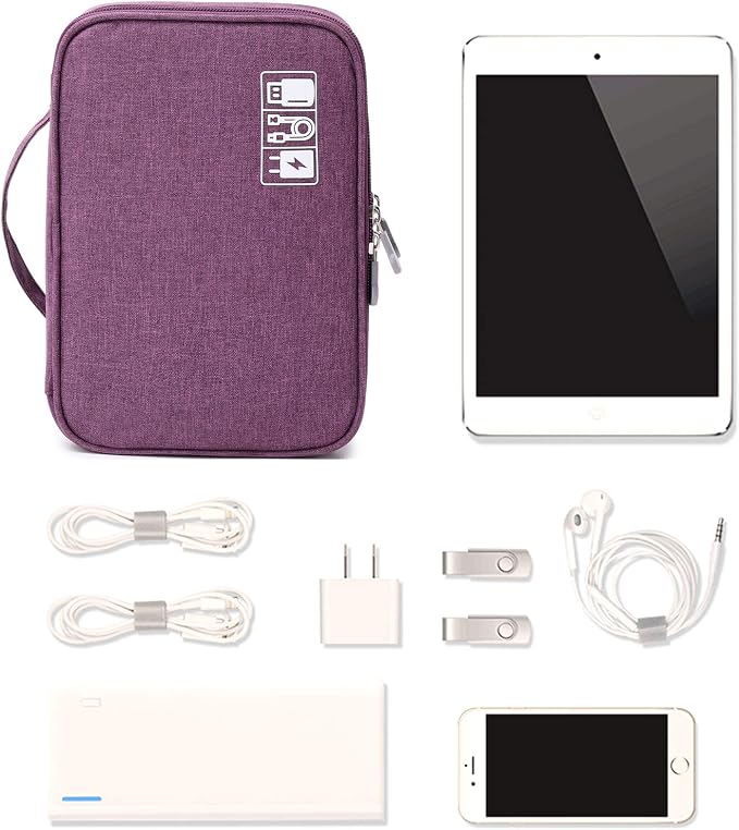 Mygreen Electronic Accessories Organizer Bag, Waterproof Double Layer Travel Storage Case with Adjustable Padded Dividers, Portable Hard Pouch for Cables, Charger, Power Bank, Phone, Hard Drive Purple