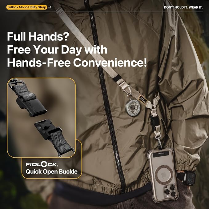 MAGEASY 20mm FidLock Mono Crossbody Utility Strap- Adjustable Crossbody Phone Lanyard with Magnetic Quick Release Buckle, Universal Durable Strap for iPhone 16 Pro Max & Most Smartphones - Galaxy Gray