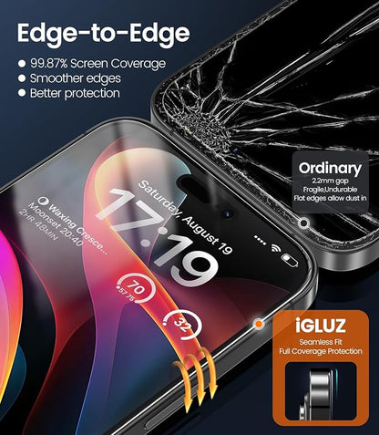 iGluz 4+2 Pack for iPhone 15 Pro Max Privacy Screen Protector with Camera Lens Protector 6.7 inch,9H+Tempered Glass[Military Grade Shatterproof &100% Anti-Spy],3D Micro-Curved Edges[Longest Durable]