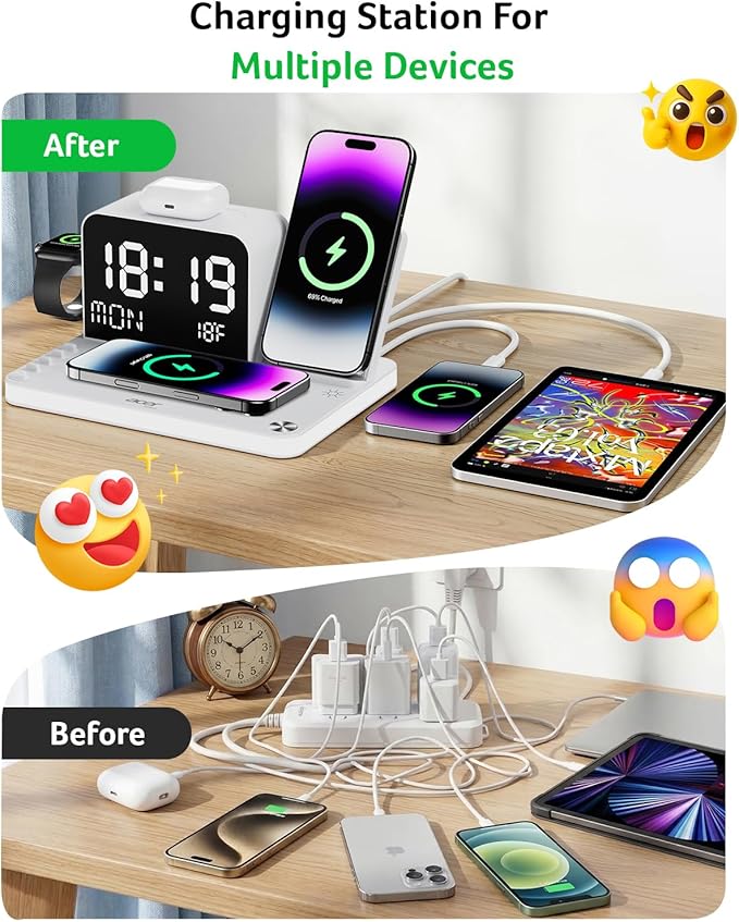 Acer 7-in-1 Wireless Charging Station with LED Clock - 30W Fast Wireless Charger for iPhone 16/15/14/13/12/Pro Max, Apple Watch, AirPods - Bluetooth Auto Time Sync & Night Lights (White)