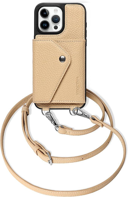 LUCKYCOIN for iPhone 15 Pro Max Crossbody Wallet Case – Genuine Leather Phone Purse with Adjustable Strap and Card Holder,Lanyard Phone Purse Case for Women,Pebble Grain Beige