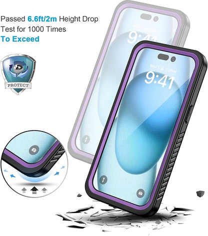 Lanhiem for iPhone 15 Case, IP68 Waterproof Dustproof Shockproof Cases with Built-in Screen Protector, 360 Full Body Protective Heavy Duty Rugged Phone Cover for iPhone 15-6.1 inch (Purple)