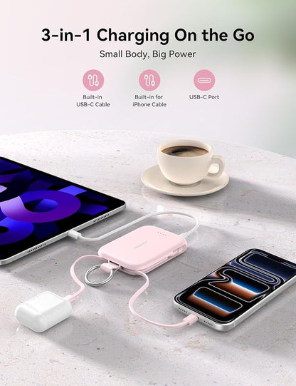RORRY CharmGo Portable Charger, 5000mAh Portable Charger Power Bank with Built-in Cables, Travel Keychain Charger Battery Pack for iPhone 17/16/15/14/13/12, for AirPods 2/3/4/Pro, Pink