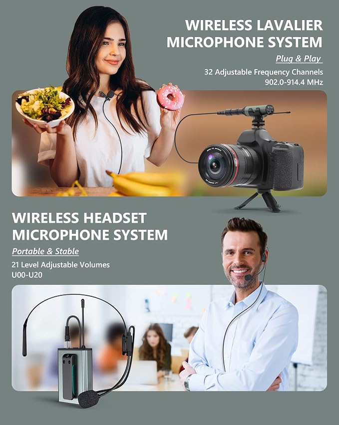 ttstar Wireless Microphone System Headset/Stand/Lavalier Mic with Rechargeable Bodypack Transmitter Receiver for PA Speaker, Camera, Recording, Teaching, Church (1T1R-Steel)