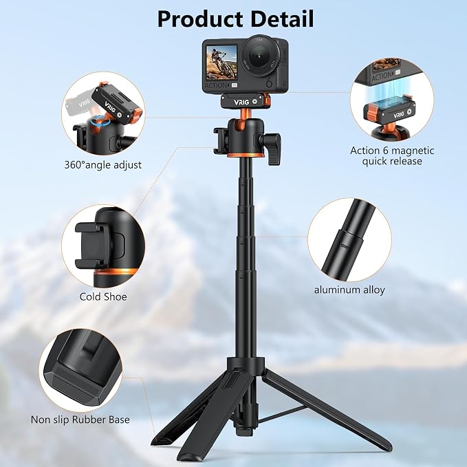 VRIG Action Camera Selfie Stick Tripod for DJI Osmo Nano/Action 6, Dual-Direction Magnetic Quick Release Adapter 360° Ball Head & Cold Shoe Mount, 8 to 21 inches Extendable Rod, AC-40N