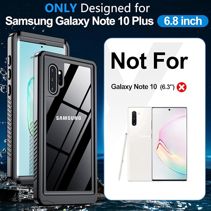 MOZOTER for Samsung Galaxy Note 10 Plus Case Waterproof,[IPX8 Underwater Case][Full Body Shockproof & Military Dropproof] Built-in Screen Protector for Samsung Note 10+ Plus 6.8 inch-Black