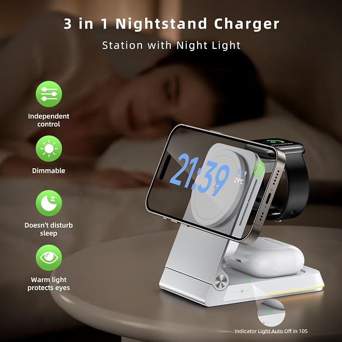 Foldable Wireless Charger 3 in 1 - Magnetic Wireless Charging Station for Apple Magsafe Charger Stand with Light,Aluminum Portable Travel Charger Dock for iPhone 17/16/15/14/13/12,Apple Watch,AirPods
