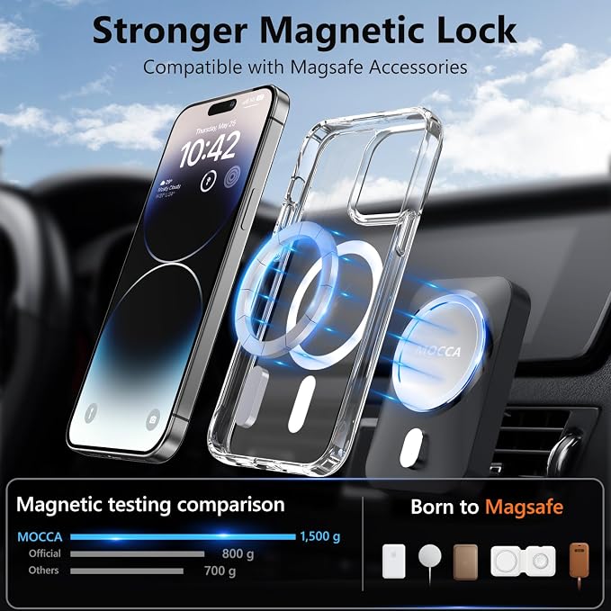 MOCCA Strong Magnetic for iPhone 14 Pro Case Clear, [Non-Yellowing][Compatible with Magsafe][Military Drop Protection] Slim Shockproof Protective Phone Case for iPhone 14 Pro Phone Case 6.1",Clear