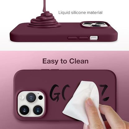 GONEZ for iPhone 14 Pro Case, Compatible with Magsafe, with Screen Protector + Camera Lens Protector, Soft Anti-Scratch Microfiber Lining, Shockproof Liquid Silicone Phone Cover, Wine Red