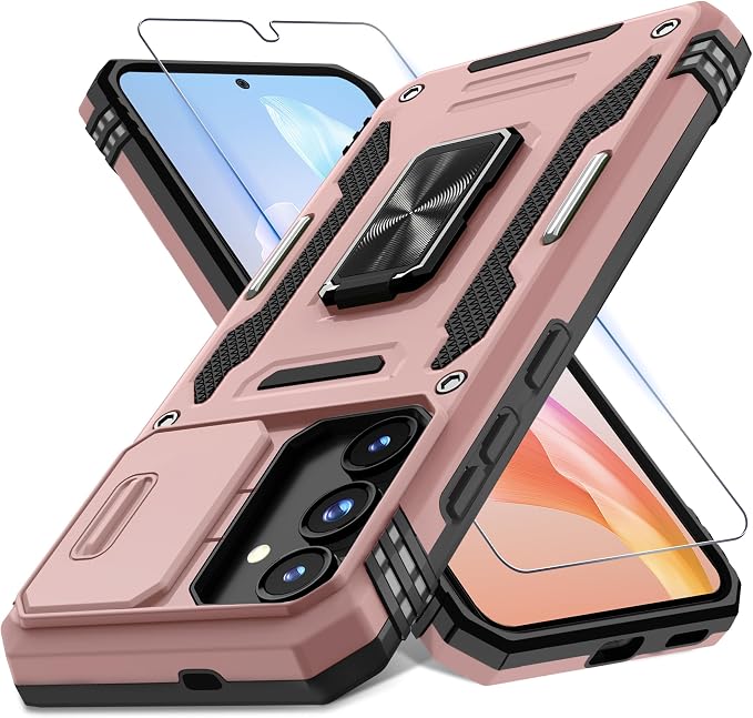 DEERLAMN Case for Samsung Galaxy S25 6.2-Inch with Slide Camera Cover+Screen Protector (1 Pack), Rotated Ring Kickstand Military Grade Shockproof Protective Cover-Rose Gold