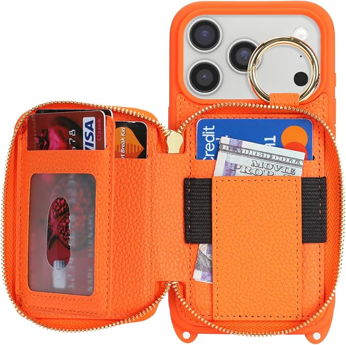 Crossbody Wallet Case for iPhone 17 Pro, PU Leather Zipper Handbag Purse Flip Cover, Kickstand Folio Case with Card Slots Holder Wrist Strap Lanyard 5G 6.3 Inch-Orange