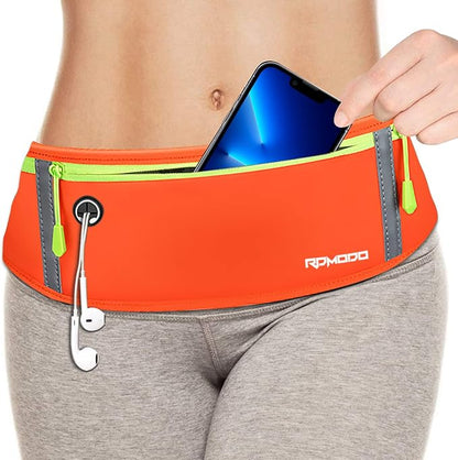 Fanny Pack for Men, Running Belt Waist Pack for Women Water Resistant Running Pouch Slim Large Capacity 3 Pockets Reflective Strip Flip Belt for iPhone 13 14 15 16 Plus Pro Max Workout Orange