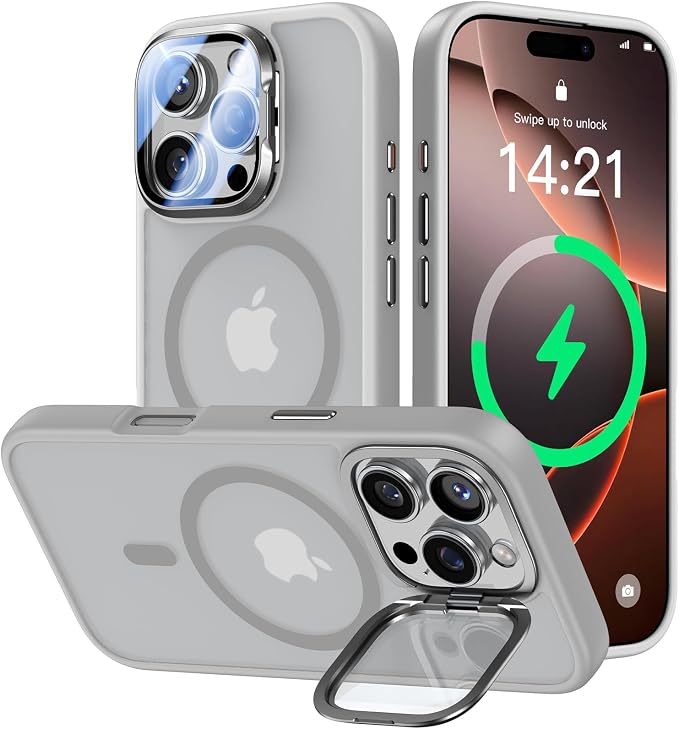 [Upgraded] for iPhone 16 Pro Max Case with Camera Cover Stand [Fit for MagSafe][9H Camera Lens Protector] Mil-Grade Protection Translucent Magnetic iPhone 16 Pro Max Phone Case, Grey