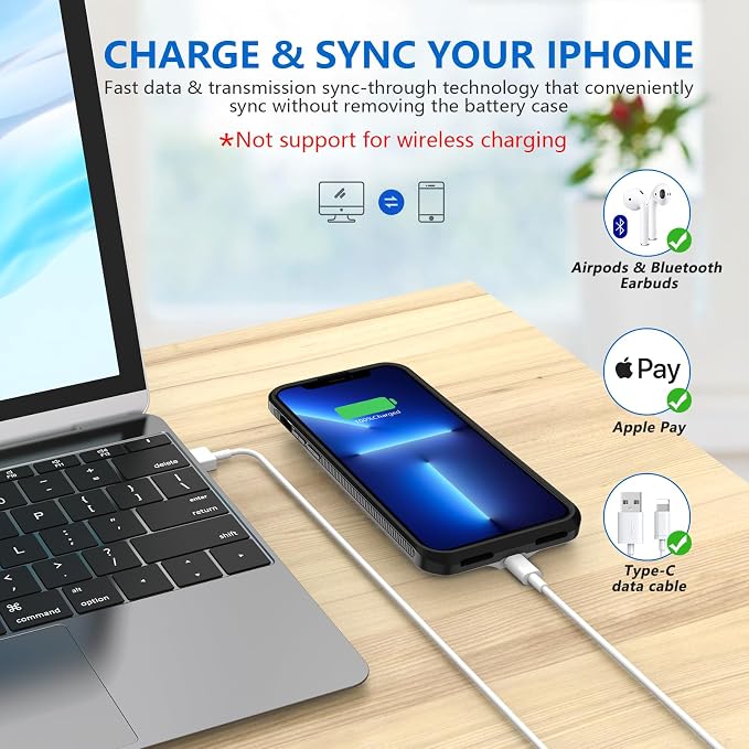 BOPPS Battery Case for iPhone 13/13 Pro/14/14 Pro【Support Carplay 】，Ultra Powerful 7000mAh Portable Rechargeable Protective Extended Charger Cover for iPhone 13，13 pro，14，14 pro Charging case,Black