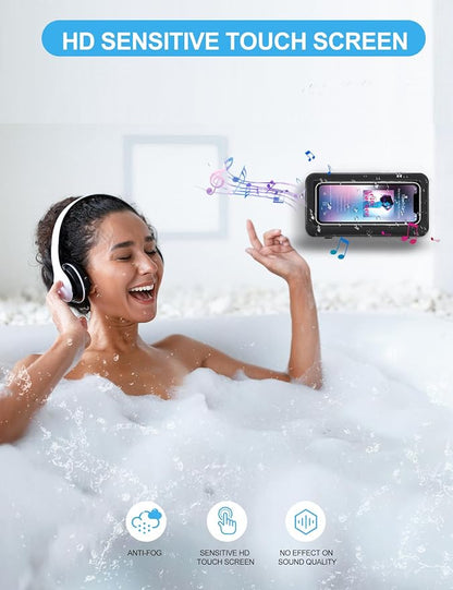 KUNSLUCK Shower Phone Holder Waterproof Anti-Fog Touch Screen Wall Mount Phone Holder for Shower Bathroom Mirror Bathtub (Black)