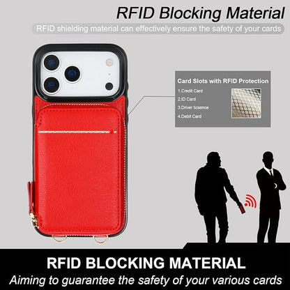 Bocasal Crossbody Wallet Case for iPhone 17 Pro Max, RFID Blocking Leather Purse Case with Card Holder, Protective Handbag Flip Cover with Zipper Wrist Strap Lanyard for Women 5G 6.9 Inch (Red)