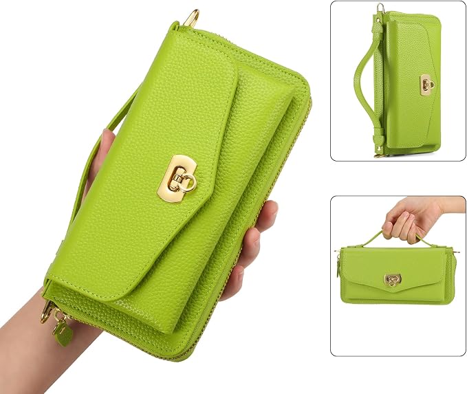 Crossbody Wallet Case for iPhone 16 6.1", Magnetic Detachable PU Leather Phone Case with RFID Blocking Card Holder Wristlet Mirror Flip Zipper Shoulder Purse Clutch for Women - Green