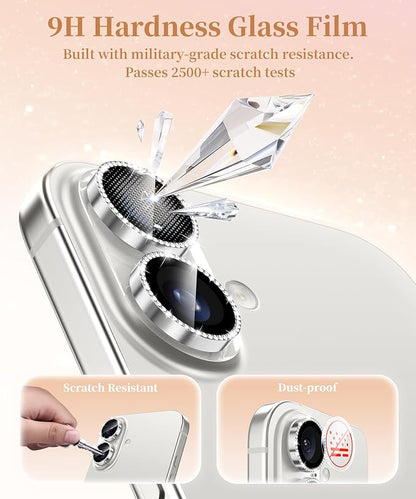 GolbinBox Camera Lens Protector for iPhone 17/16/16 Plus, 1:1 Invisible Fit, 9H Tempered Glass Ultra HD Metal Individual Camera Cover for Women, Case Friendly, Bling/Silver