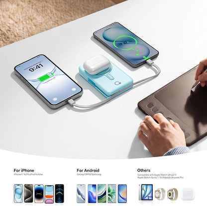 Q Magnetic Wireless Portable Charger 10,000mAh, Travel Essentials Power Bank with Built-in Cables & Foldable Stand, External Battery Pack Compatible with iPhone 17/16/15/14/13/12, Apple Watch