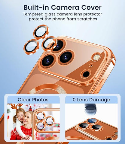 Slim Thin for iPhone 17 Pro Case Clear, Compatible with MagSafe, Built-in Camera Lens Protector, Shockproof Protective Phone Case, Soft Electroplated Magnetic Cover, Orange