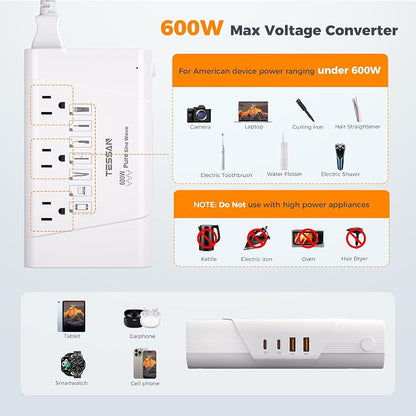 TESSAN 600W Pure Sine Wave 220V to 110V Voltage Converter | US to Europe, 4 USB Ports PD 35W QC 30W, EU/UK/AU/IT/India Plug Adaptor, Step Down Transformer, Universal Travel Adapter