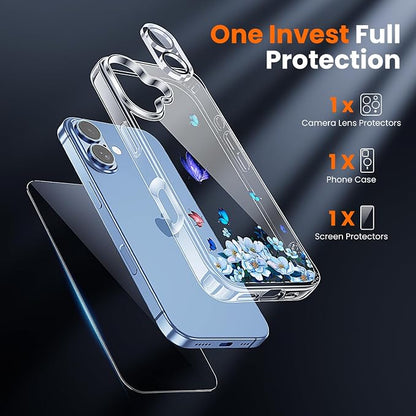 3 in 1 for iPhone 17 Case Clear Printed Design | Yellowing-Resistant Acrylic Back, Screen Protector *1 & Camera Lens Protector*1, Military-Grade Protection