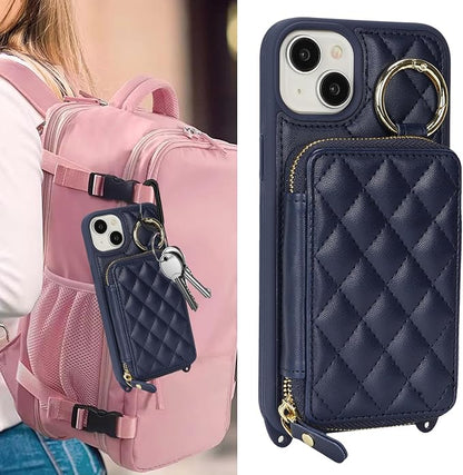 Crossbody Wallet Case for iPhone 14 Plus, PU Leather Zipper Handbag Purse Flip Cover, Kickstand Folio Case with Card Slots Holder Wrist Strap Lanyard 5G 6.7 Inch-Blue