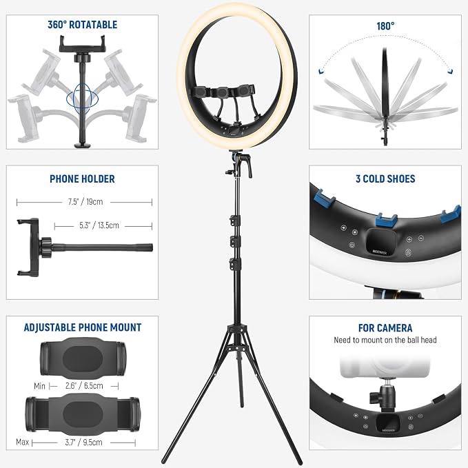 NEEWER RP19H 19" Ring Light with Tripod Stand/3 Phone Holders/Cleaning Cloth Compatible with iPhone, 2.4G Touch Control LED Ringlight for Video Recording Studio Streaming Zoom Selfie Makeup Lighting