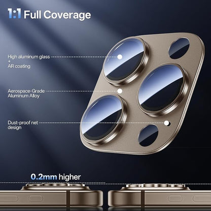 Camera Lens Protector for iPhone 16 Pro Max/iPhone 16 Pro-Single Piece,Ultra Thin Aluminum Alloy Frame,9H Dual-Strength Glass with 99% AR Light Transmittance,Case Friendly,Desert Gold