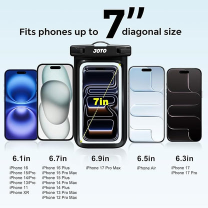 JOTO 2 Pack Universal Waterproof Phone Case for iPhone 17 Air 16 15 14 13 12 11 Plus Pro Max, IPX8 Cellphone Dry Bag XR X SE, Galaxy S23 S22 S21 S20+ S20 S10 Plus Note, Pixel up to 7" -Black