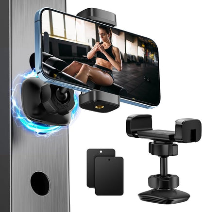Gym Magnetic Phone Holder, Portable Magnetic Phone Holder Phone Mount Gym Essentials Accessories, 360° Adjustable Dual Ballhead Rotatable for Smartphones 4.7-7" with 2 Magnet Plates
