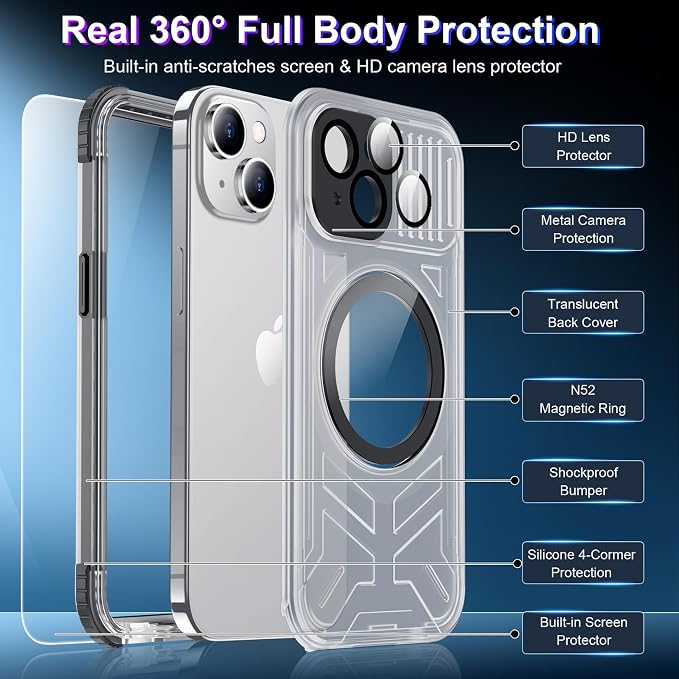 2024 Upgrade for iPhone 15 Case Waterproof,[Compatible With MagSafe][Built-in Screen&Camera Protector][Full Body Dropproof][IP68 Underwater][Clear Sound]Shockproof Phone Case 6.1"Black/Clear