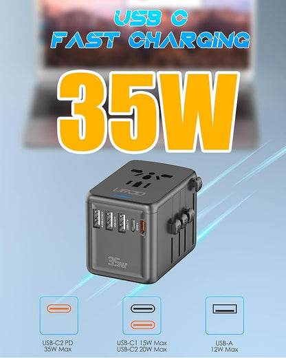 Universal Travel Adapter, 35W PD Fast Charging, for Europe UK US AU | 2 USB C 3 USB A & 2500W AC Outlet, International Power Adapter for 200+ Countries, Compatible with iPhone, MacBook,Tablet
