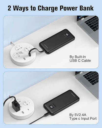 AsperX 2-Pack 10000mAh Portable Charger with Built-in Cables, USB C Travel Essential Battery Pack with 4 Outputs 2 Inputs,LED Display Power Bank with Cord Wires for iPhone Samsung Google Pixel iPad