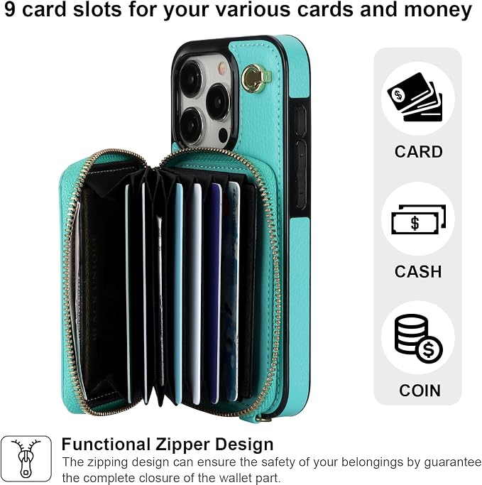 Bocasal Crossbody Wallet Case for iPhone 15 Pro, RFID Blocking Leather Purse Case with Card Holder, Protective Handbag Flip Cover with Zipper Wrist Strap Lanyard for Women 5G 6.1 Inch (Mint Green)