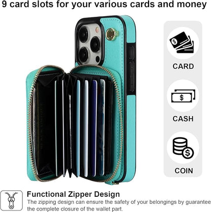 Bocasal Crossbody Wallet Case for iPhone 15 Pro, RFID Blocking Leather Purse Case with Card Holder, Protective Handbag Flip Cover with Zipper Wrist Strap Lanyard for Women 5G 6.1 Inch (Mint Green)