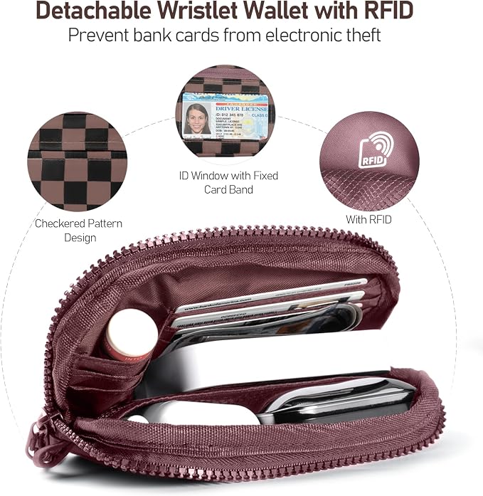 Clip and Go Strap for Phone with Wallet Crossbody Phone Lanyard and Detachable Checkered Bag with ID Window and RFID Pouch for Daily Travel.