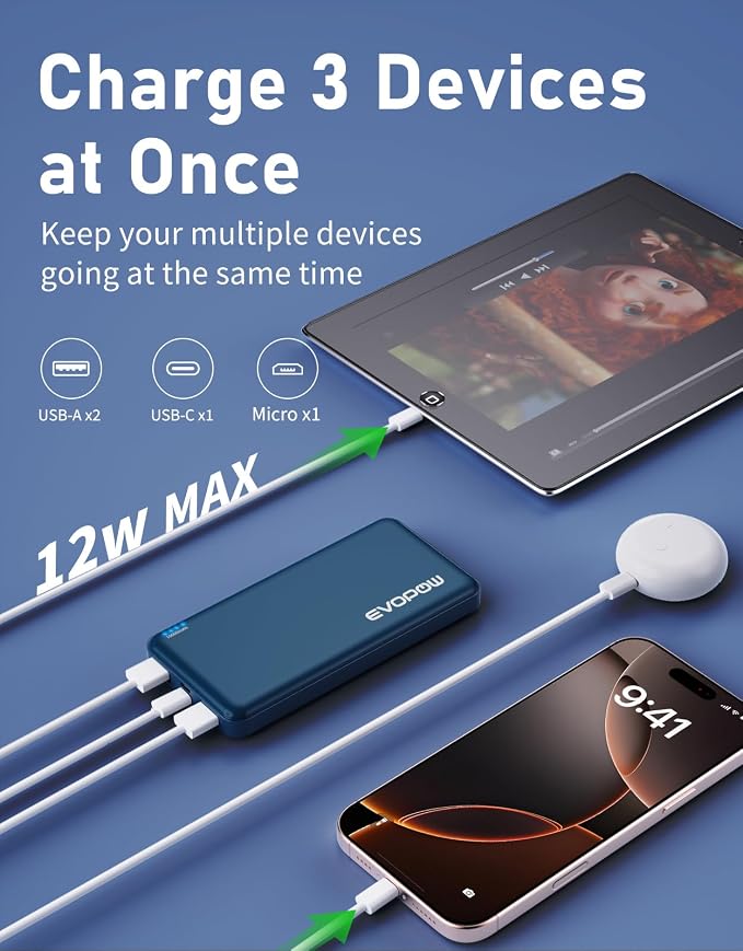 2Pack Portable Charger, 10000mAh Power Bank, Battery Pack, External Battery | Slimmer, Fast Charging, USB C in&Out, for iPhone Tablet Samsung Pixel Headphones etc (Blue&Beige)