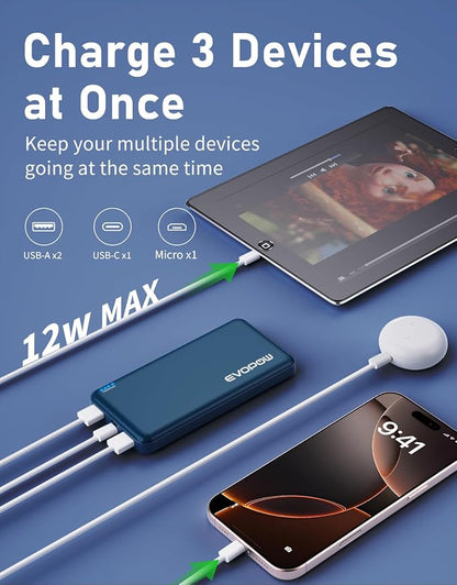 2Pack Portable Charger, 10000mAh Power Bank, Battery Pack, External Battery | Slimmer, Fast Charging, USB C in&Out, for iPhone Tablet Samsung Pixel Headphones etc (Blue&Beige)