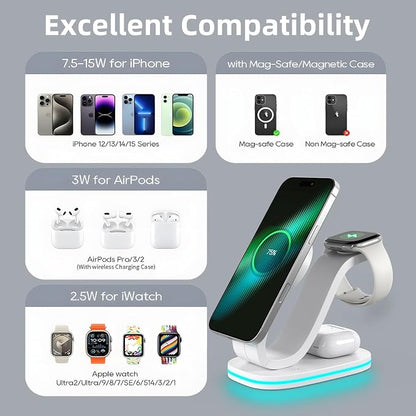 3 in 1 Charging Station for iPhone, Qi2 15W Charger Station Compatible Mag-Safe with iPhone 17 16e 16 15 14 13 12 11 X Pro Max & Apple Watch - Wireless Charging Station for AirPods (White 3 in 1)